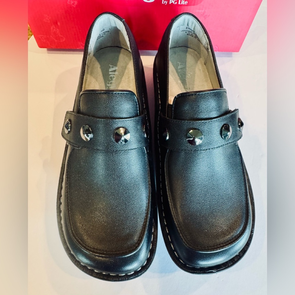 NEW, NEVER WORN.Alegria Black Leather Women's Slip-On Loafers with Stud Detail